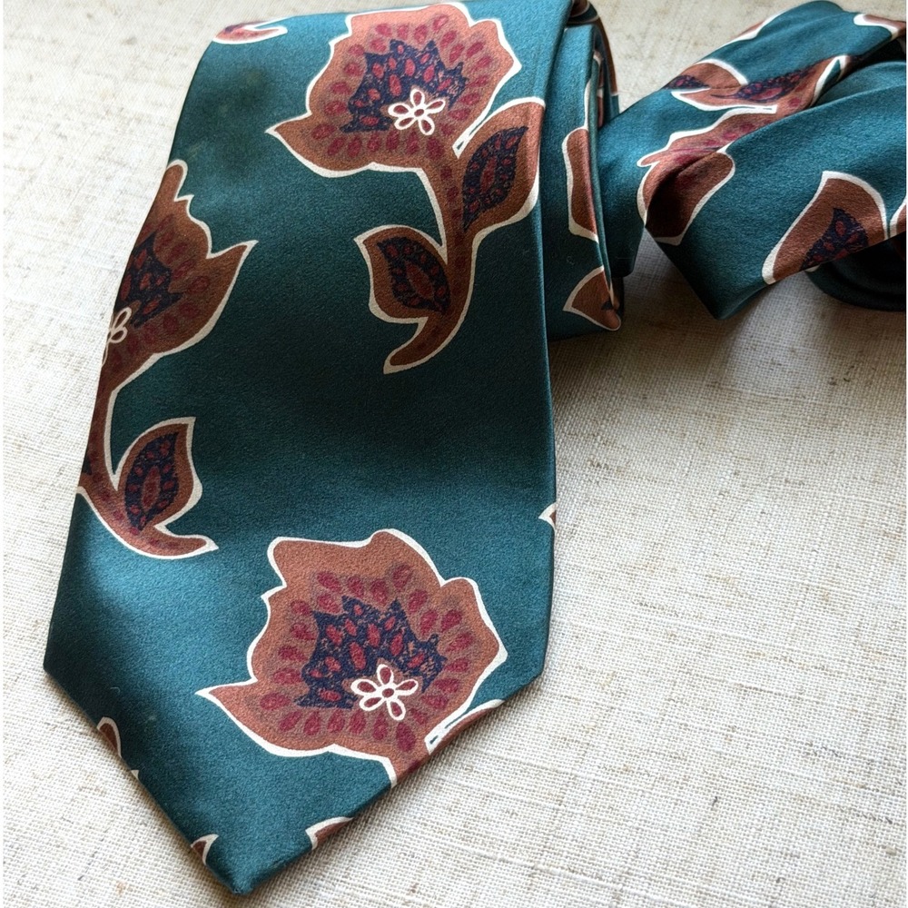 Vintage 100% Silk Floral Paisley Necktie Teal Rust Made in USA 0349